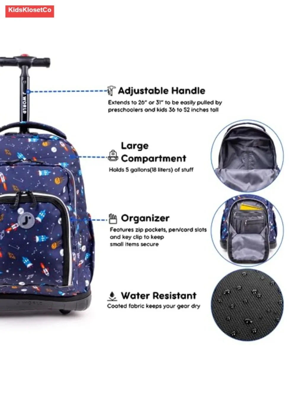 Kids Rolling Backpack and Lunch Bag Set with Wheels, Polyester, Spaceship